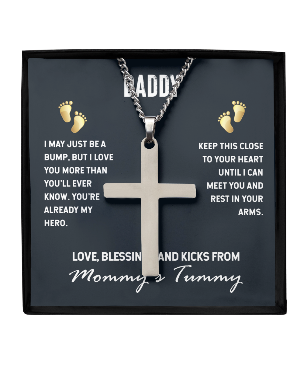 To My Daddy From Mommy's Tummy, Silver Cross Necklace For Daddy, Father's Day Gift For New Daddy, First Time Daddy To Be