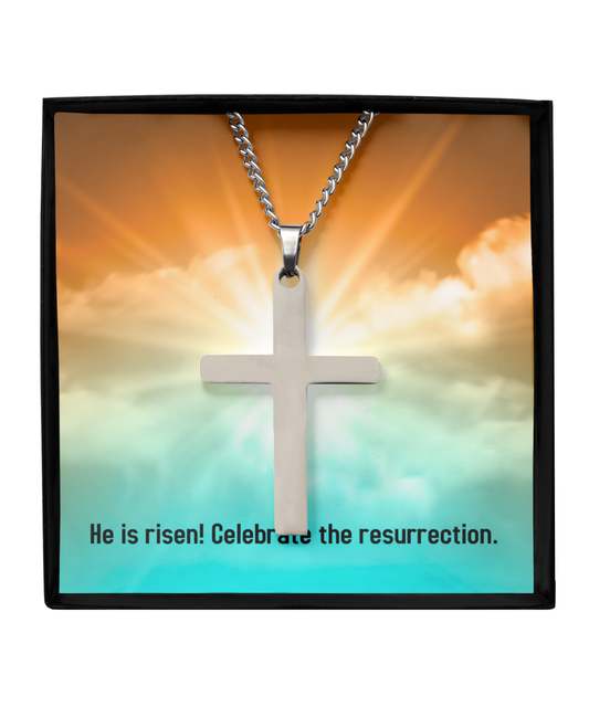 He is Risen, Easter Sunday Gift, Silver Cross Necklace, Faith Jewelry, Christian Gifts For Men, Religious Gift For Him, Message Card Cross Necklace For Son