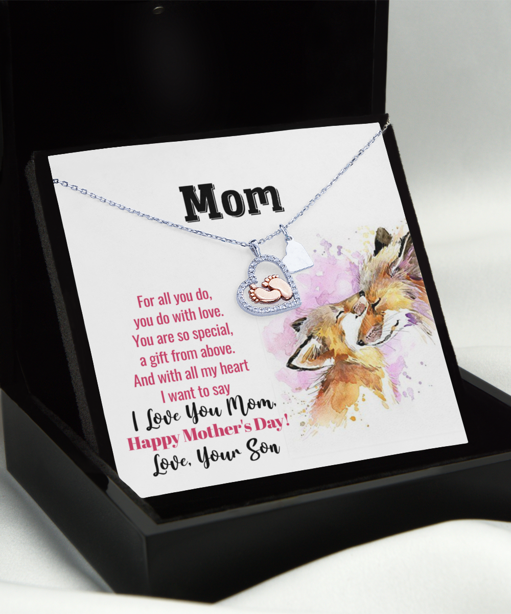 To My Mom Necklace, I Love You Mom, Happy Mother's Day, Gift To Mom From Son - .925 Sterling Silver Baby Feet Necklace With Message Card