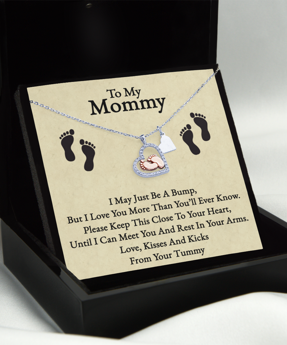 Mommy To Be Gift, Soon To Be Mommy, Pregnancy Gift, I Love You Mommy - .925 Sterling Silver Baby Feet Necklace With Heartwarming Message Card