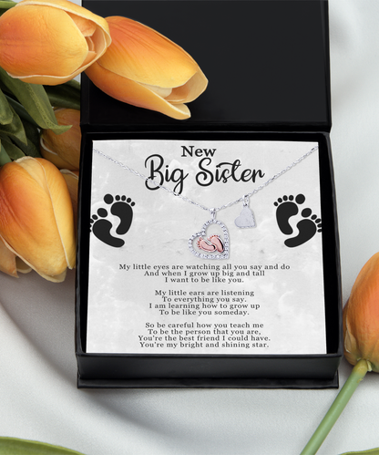 Big Sister Gift From New Baby, New Big Sister, I Want To Be Like You - .925 Sterling Silver Baby Feet Necklace With Message Card