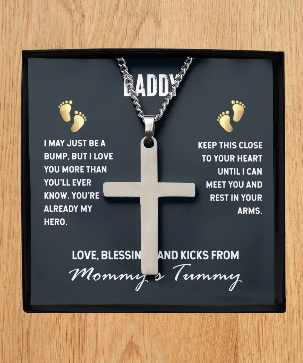 To My Daddy From Mommy's Tummy, Silver Cross Necklace For Daddy, Father's Day Gift For New Daddy, First Time Daddy To Be