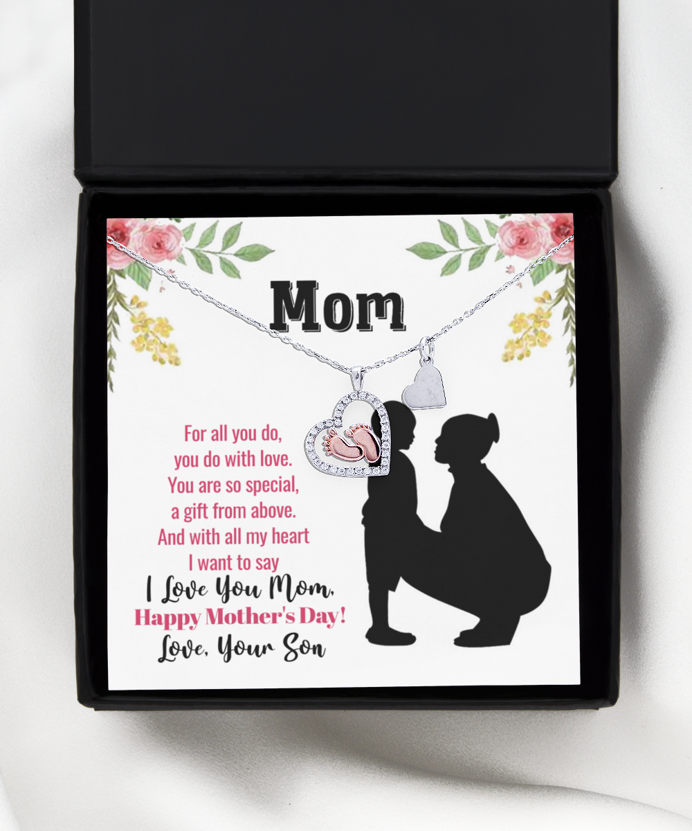 Happy Mother's Day, Gift To Mom From Son, Mom Jewelry Gift, I Love You Mom - .925 Sterling Silver Baby Feet Necklace With Message Card