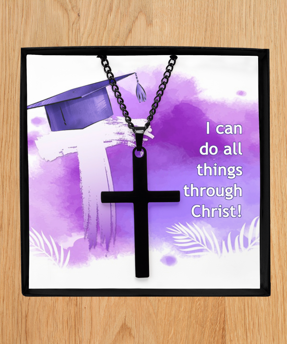 I Can Do All Things Through Christ Graduation Gift, Black Cross Necklace For Son, Bible Verse Gift, Philippians 4:13, Christian Jewelry Gift