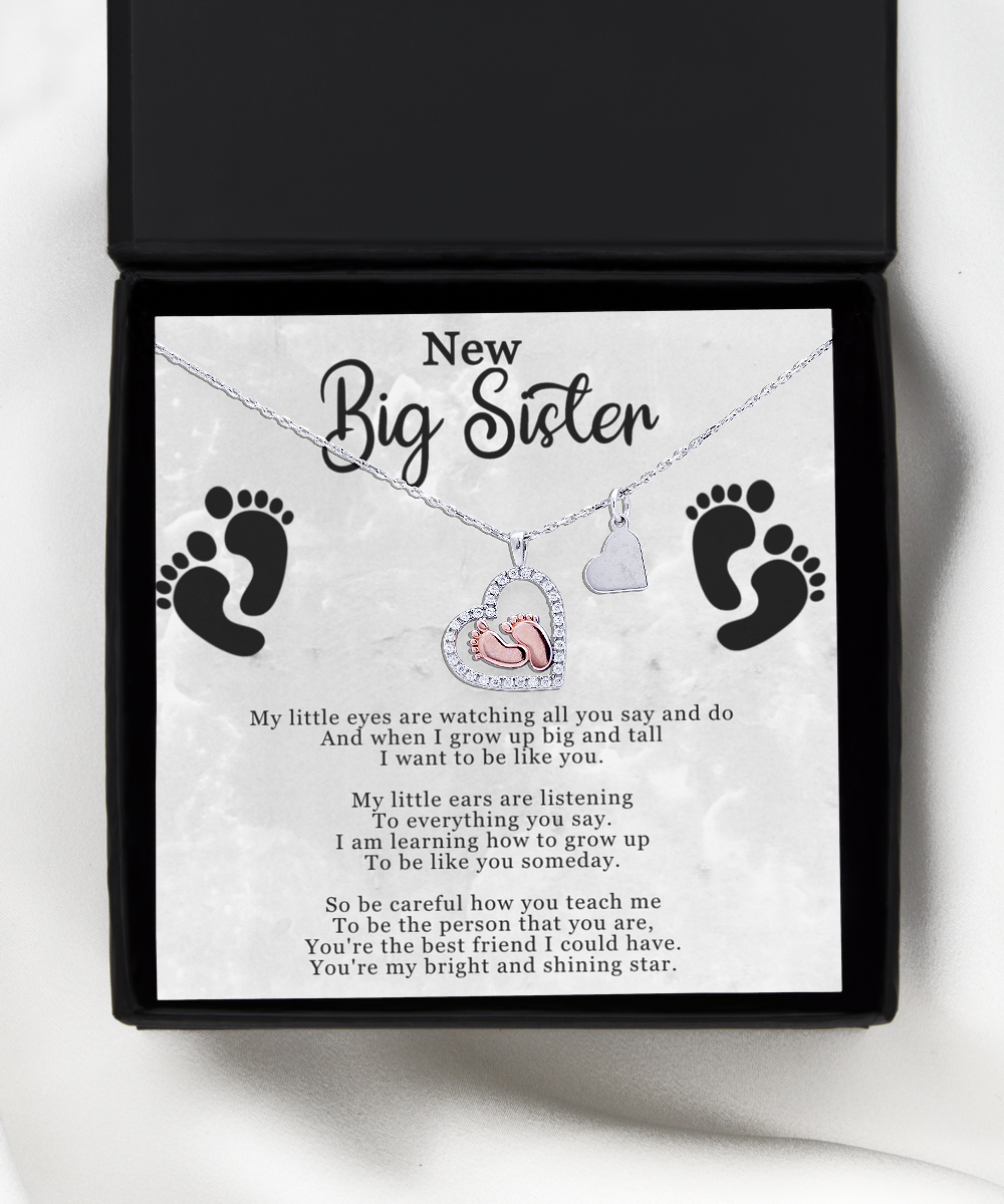 Big Sister Gift From New Baby, New Big Sister, I Want To Be Like You - .925 Sterling Silver Baby Feet Necklace With Message Card