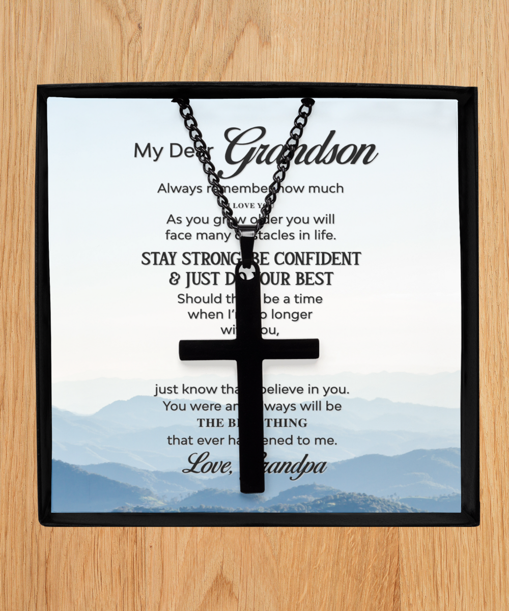 Grandpa Gift For Grandson, Grandson Black Cross Necklace From Grandpa, My Dear Grandson, Grandson Gift, I Love You My Grandson