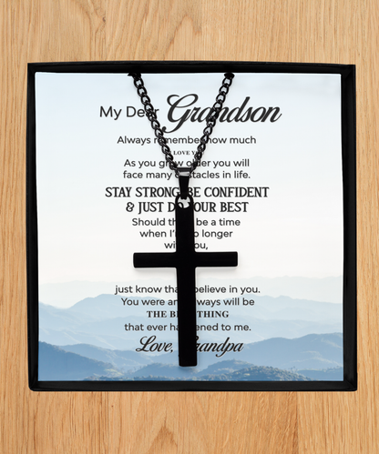 Grandpa Gift For Grandson, Grandson Black Cross Necklace From Grandpa, My Dear Grandson, Grandson Gift, I Love You My Grandson