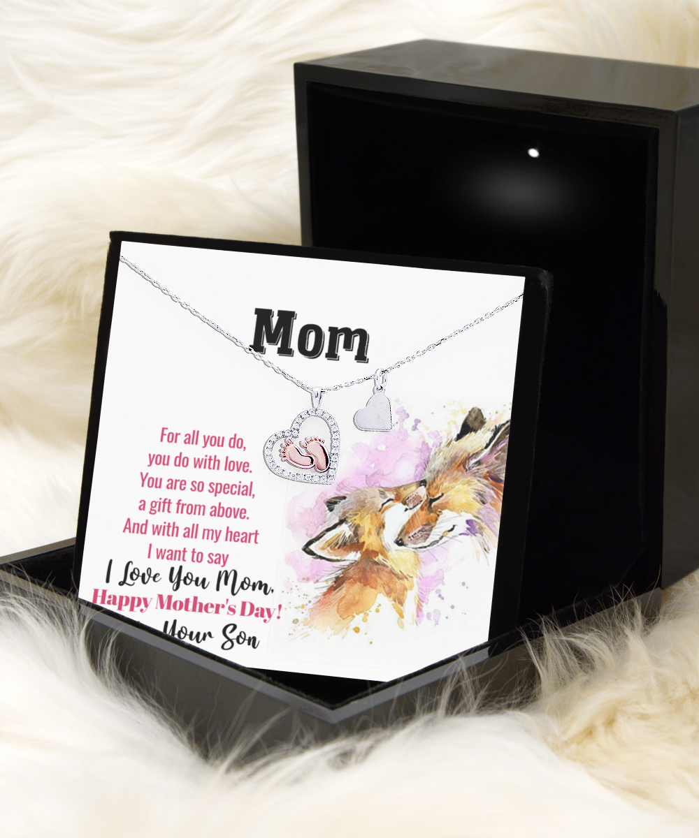 To My Mom Necklace, I Love You Mom, Happy Mother's Day, Gift To Mom From Son - .925 Sterling Silver Baby Feet Necklace With Message Card