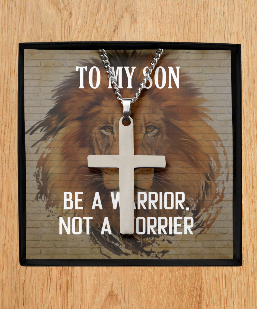 Silver Cross Necklace Gift For Son, To My Warrior Son, Father Son Gift, Gift for Son from Mother, Son 21st Birthday, Message Card Necklace