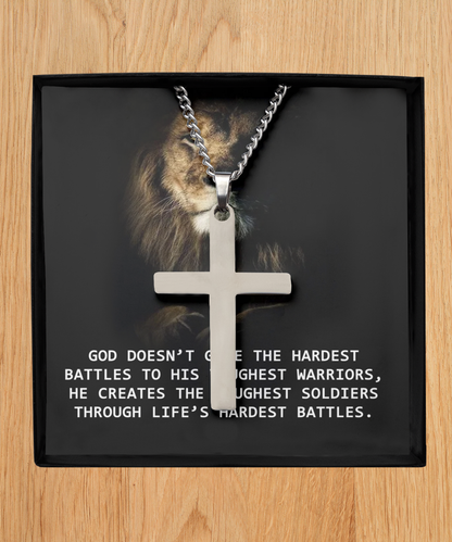 For Him, Gift For Son, Faith Necklace For Him, Father From Son, Silver Cross Necklace, Dad's Birthday Gift, God Doesn't Give The Hardest Battles To His Toughest Warrior