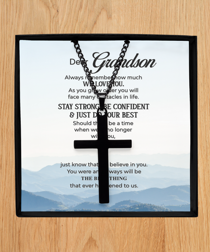 Grandson Black Cross Necklace From Grandparents, To Our Dear Grandson, We Believe In You Grandson, Grandparents Jewelry Gift To Grandson