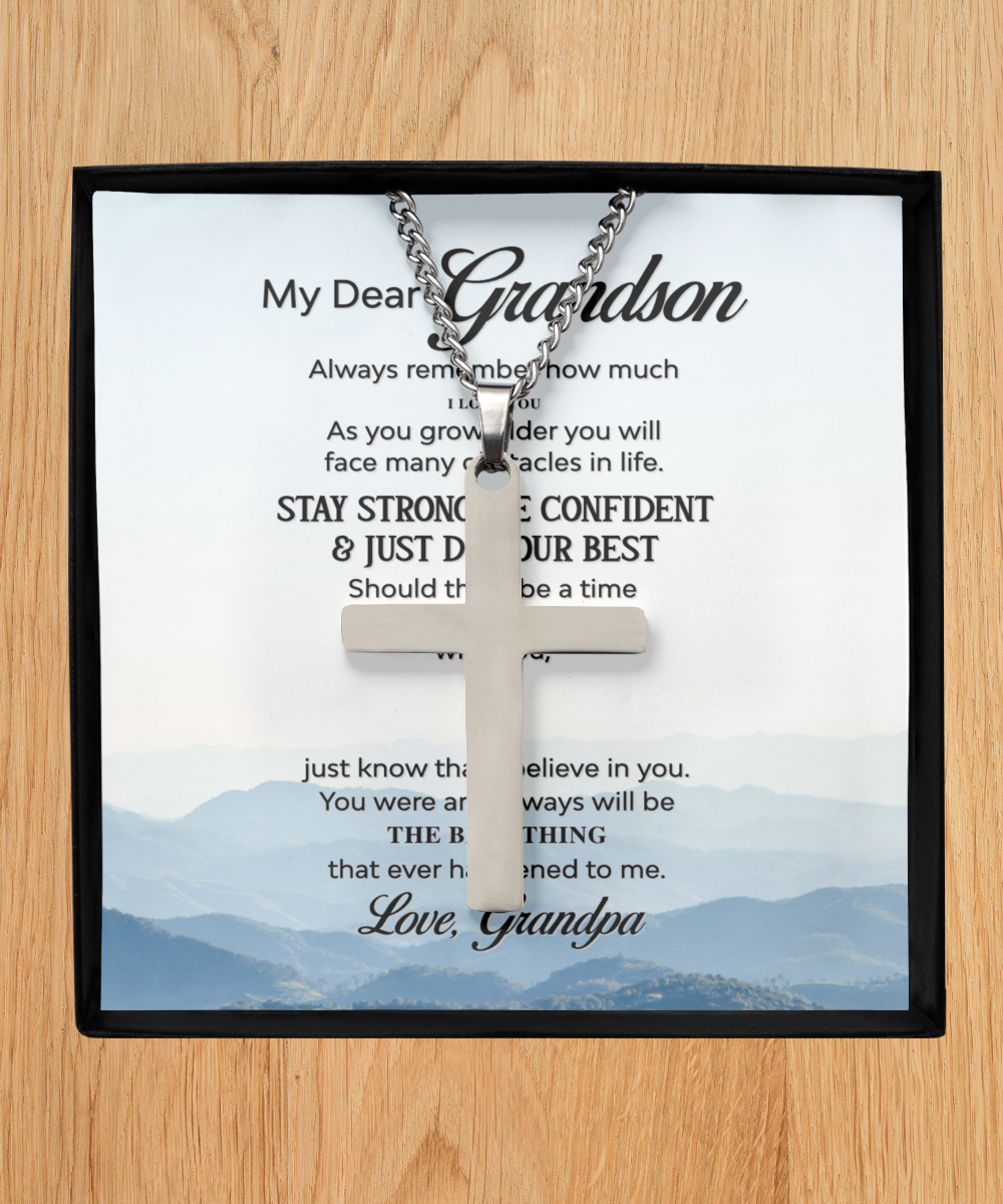 Grandpa Gift For Grandson, Grandson Silver Cross Necklace From Grandpa, My Dear Grandson, Grandson Gift, I Love You My Grandson