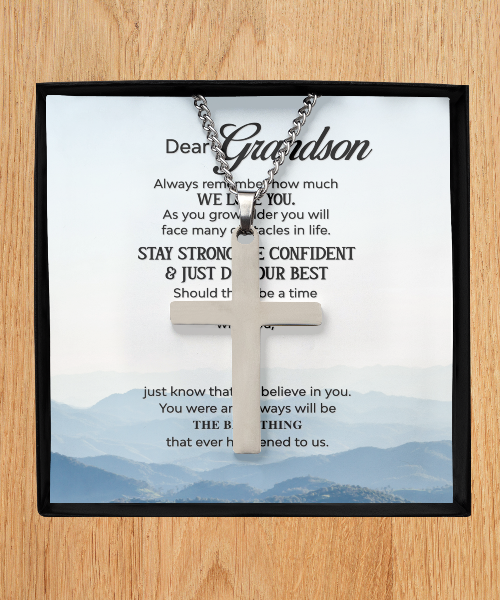 Grandson Silver Cross Necklace From Grandparents, To Our Dear Grandson, We Believe In You Grandson, Grandparents Jewelry Gift To Grandson