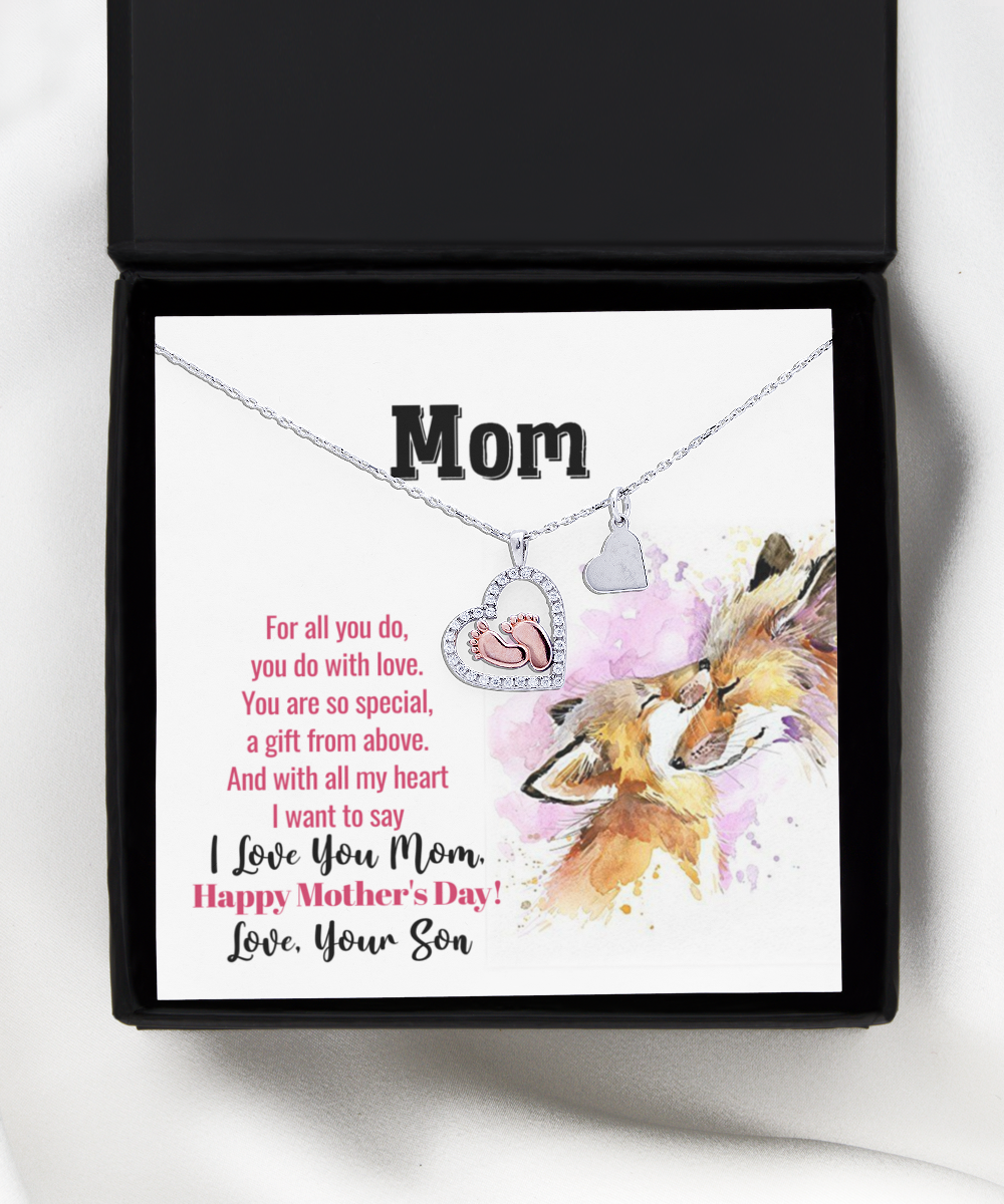 To My Mom Necklace, I Love You Mom, Happy Mother's Day, Gift To Mom From Son - .925 Sterling Silver Baby Feet Necklace With Message Card