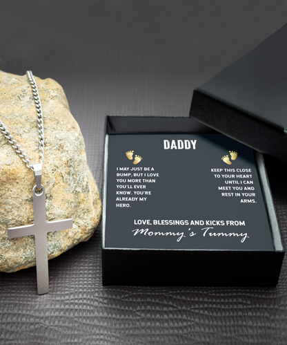 To My Daddy From Mommy's Tummy, Silver Cross Necklace For Daddy, Father's Day Gift For New Daddy, First Time Daddy To Be