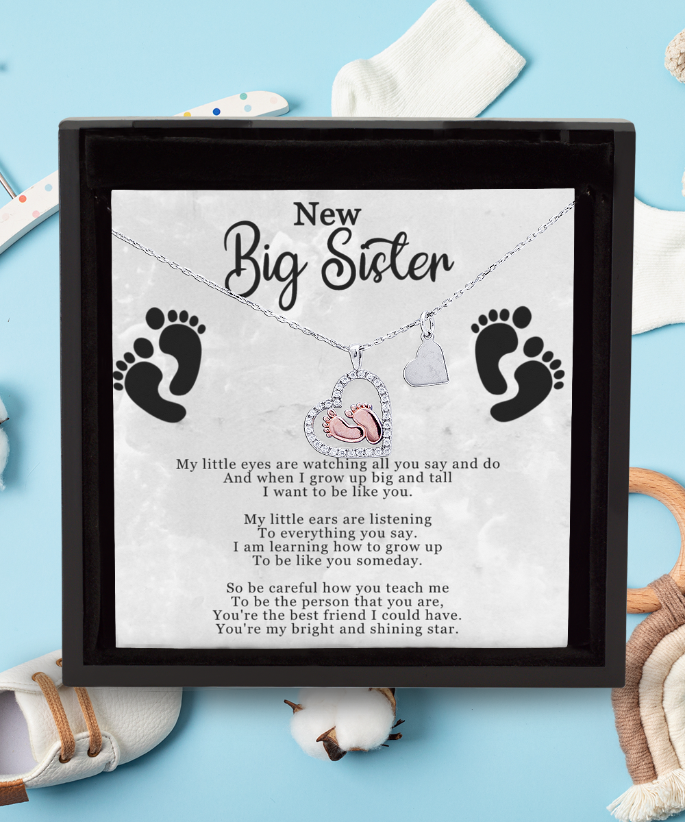 Big Sister Gift From New Baby, New Big Sister, I Want To Be Like You - .925 Sterling Silver Baby Feet Necklace With Message Card