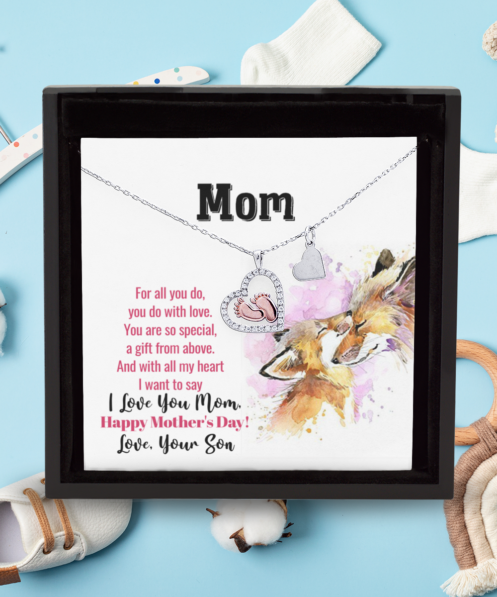 To My Mom Necklace, I Love You Mom, Happy Mother's Day, Gift To Mom From Son - .925 Sterling Silver Baby Feet Necklace With Message Card