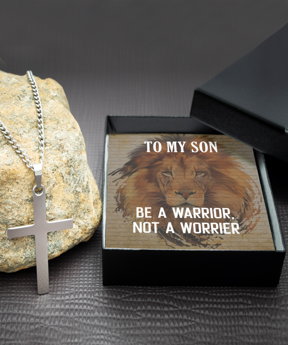 Silver Cross Necklace Gift For Son, To My Warrior Son, Father Son Gift, Gift for Son from Mother, Son 21st Birthday, Message Card Necklace