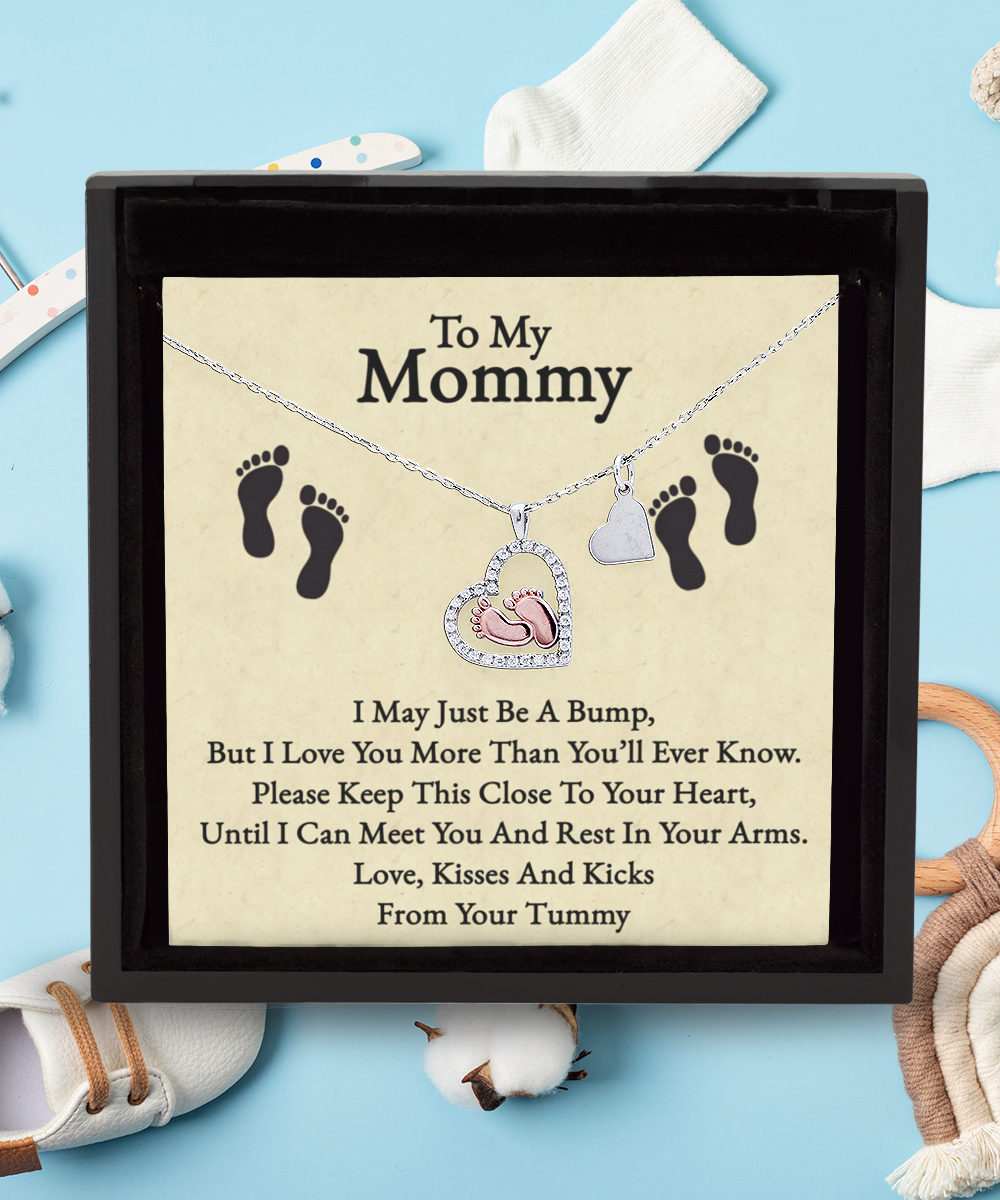 Mommy To Be Gift, Soon To Be Mommy, Pregnancy Gift, I Love You Mommy - .925 Sterling Silver Baby Feet Necklace With Heartwarming Message Card